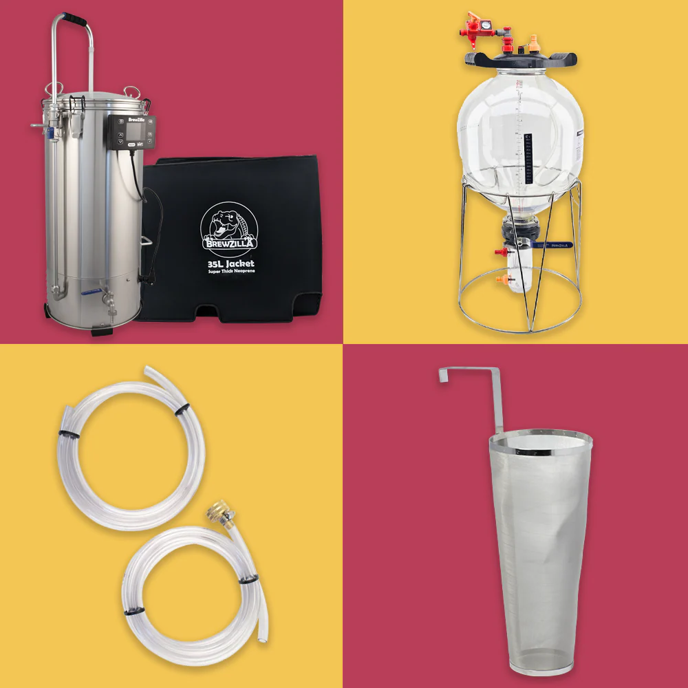 BrewZilla Ultimate Grain to Glass Combo Pack | Gen 4.1 BrewZilla All Grain Brewing System (220V) | WiFi/Bluetooth/RAPT Enabled | Neoprene Jacket & Hop Spider Included | FermZilla Tri-Conical Fermenter | Pressure Kit & Blowtie 2 Spunding Valve Included