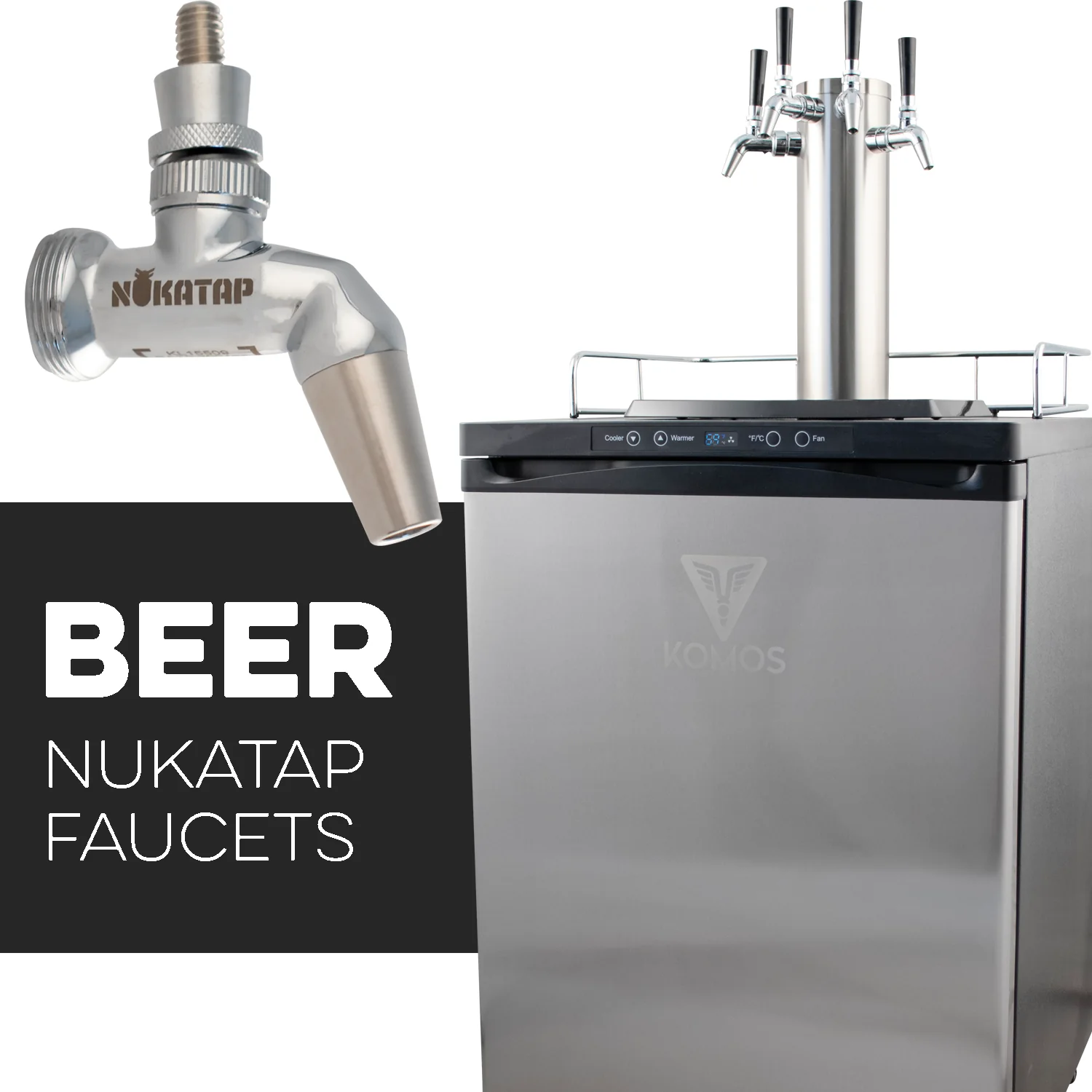 KOMOS® Kegerator | NukaTap® Stainless Steel Faucets | Fan Cooled Stainless Tower | Digital Thermostat | Casters | Regulator | Fits 1 Half Barrel Keg or 4 Corny Kegs