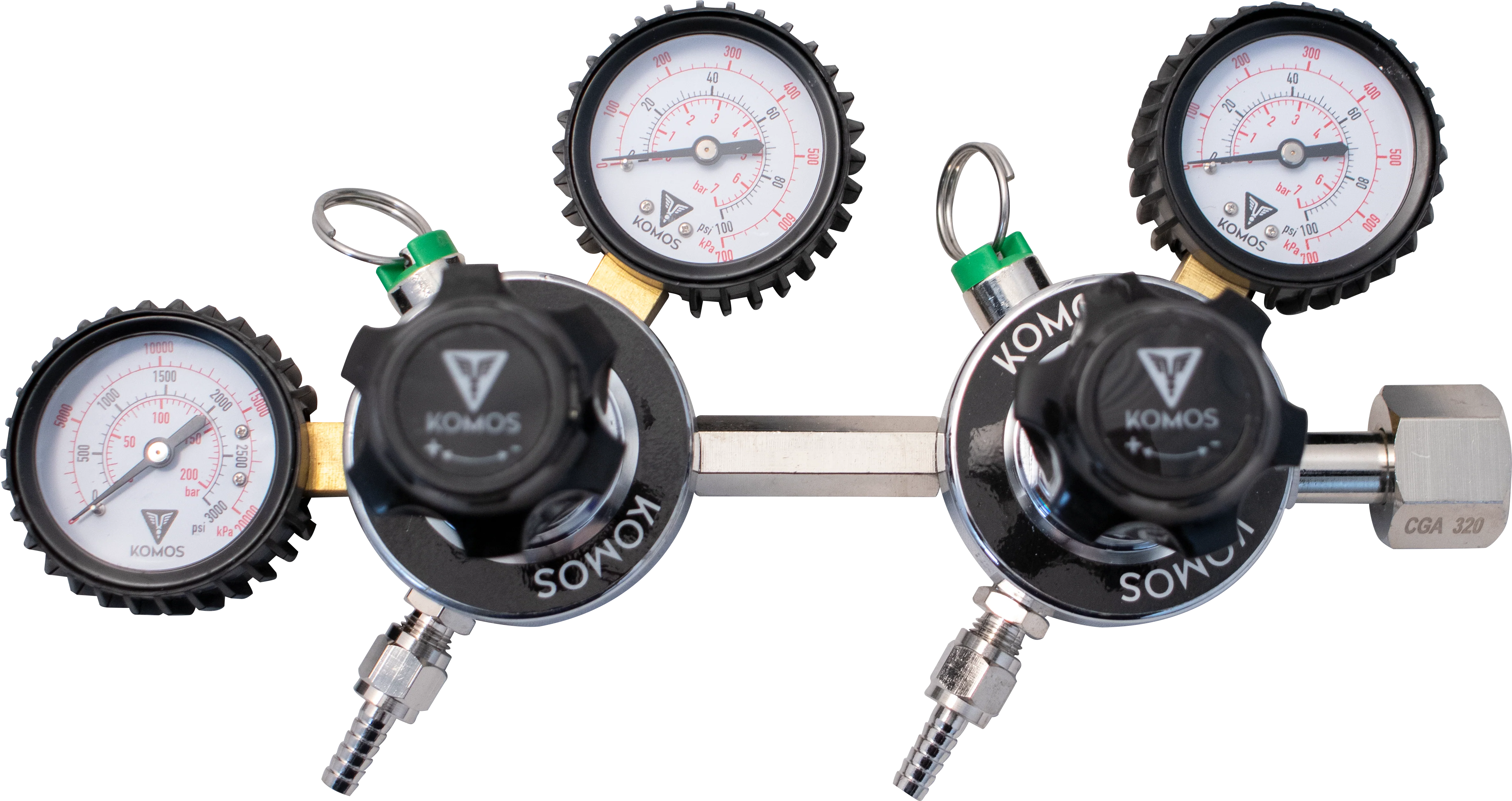 KOMOS® Premium Dual Body CO2 Regulator | Industrial-Grade | 0–60 PSI Operating Range | 1/4" Flare Fittings with Barbed Outlet & Duotight Adapter Fittings