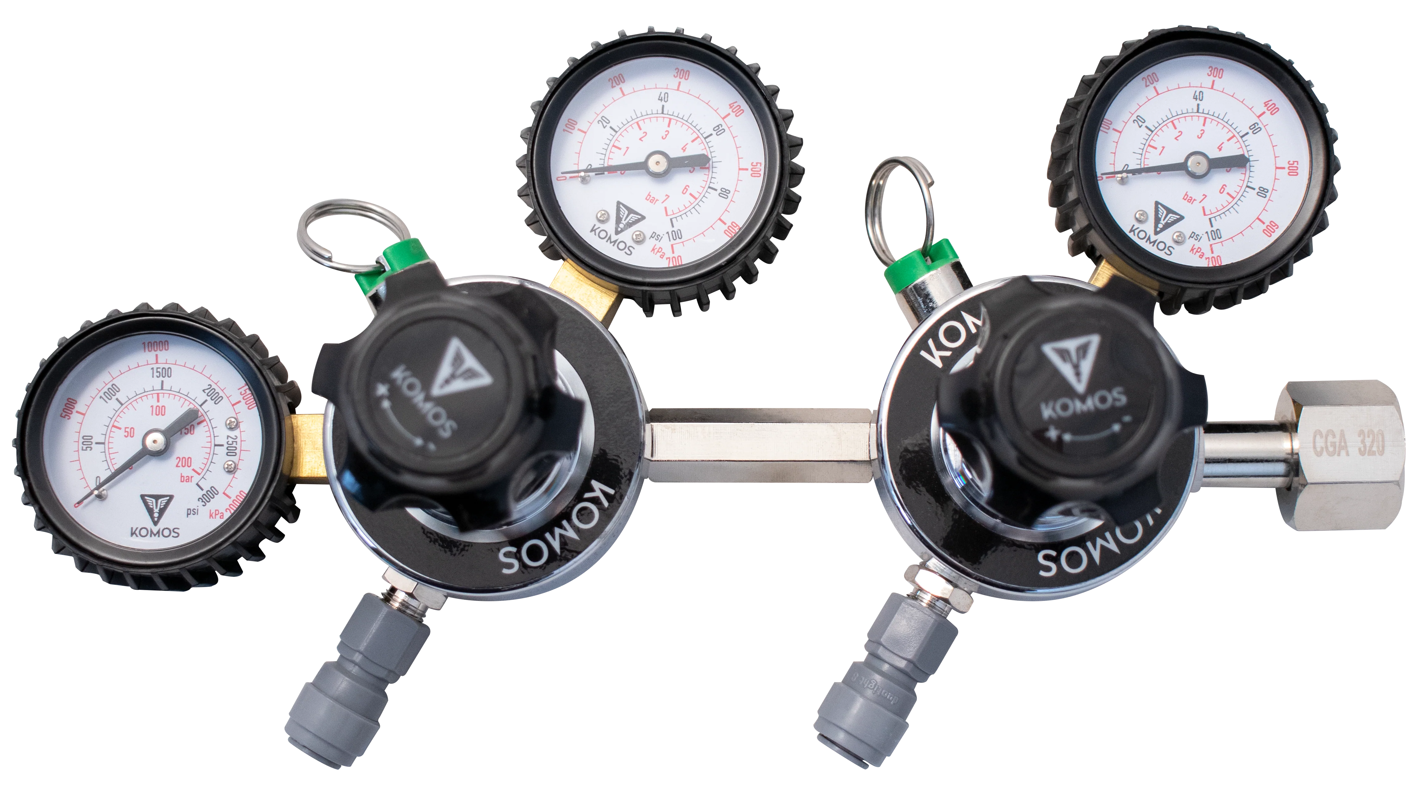KOMOS® Premium Dual Body CO2 Regulator | Industrial-Grade | 0–60 PSI Operating Range | 1/4" Flare Fittings with Barbed Outlet & Duotight Adapter Fittings - Image 2