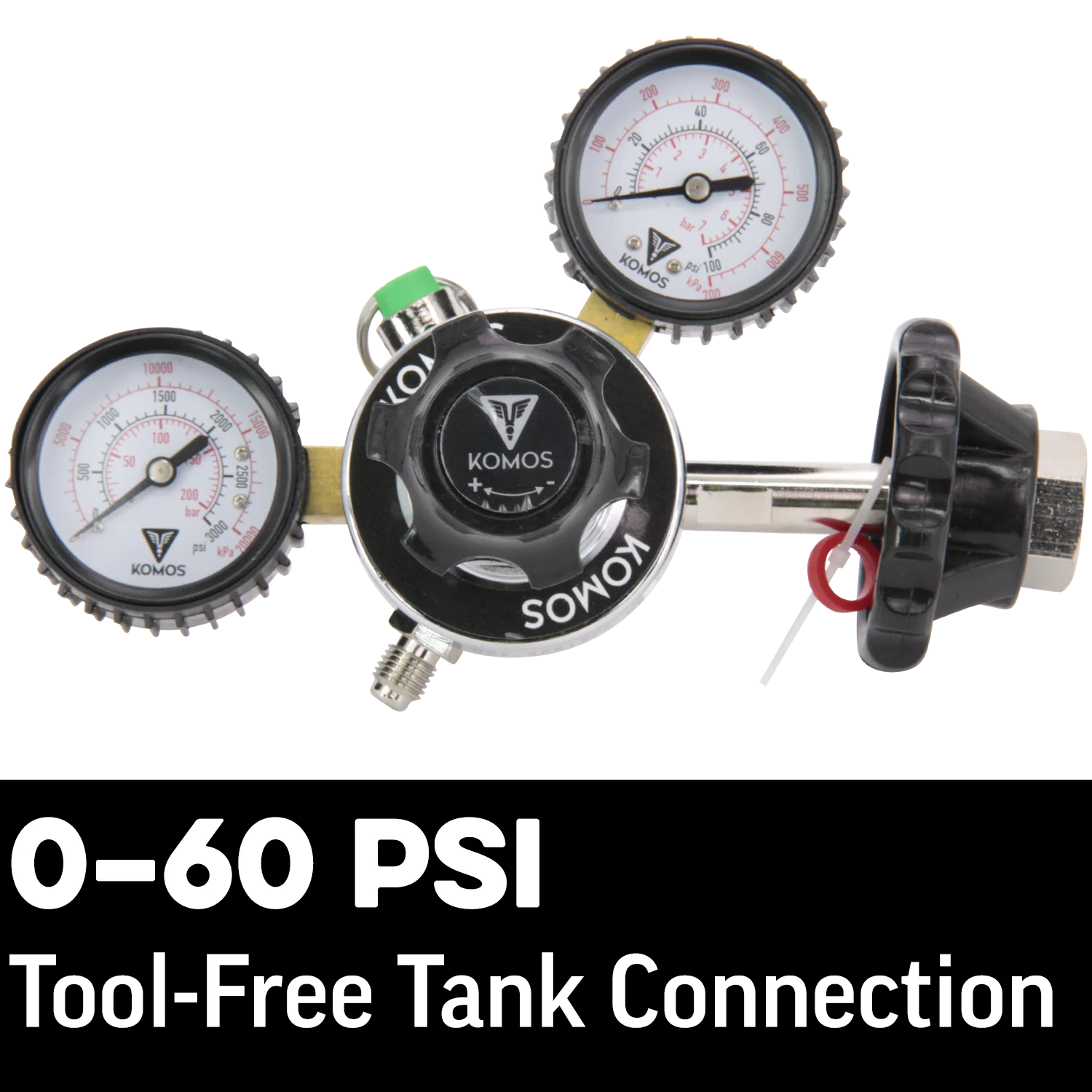 KOMOS® Premium Dual Gauge CO2 Regulator | Tool-Free One-Handed Tank Connection | 0–60 PSI