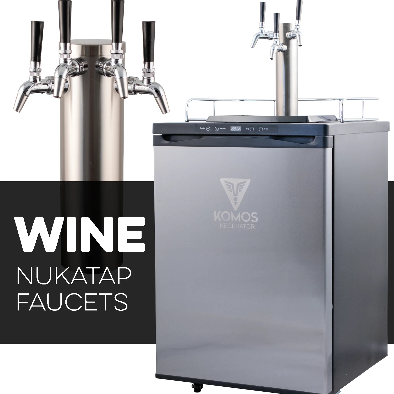 KOMOS® Wine Kegerator | NukaTap® Stainless Steel Faucets | Fan Cooled Stainless Tower | Digital Thermostat | Casters | Regulator | Fits 1 Half Barrel Keg or 4 Corny Kegs