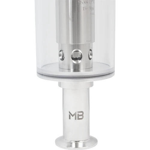 MB® Tri-Clamp Spunding Valve | 2 BAR | 15-30 PSI | 1.5" T.C. | Etched Pressure Scale | Hand Adjustable | Polycarbonate Liquid Cylinder | Stainless Steel - Image 2