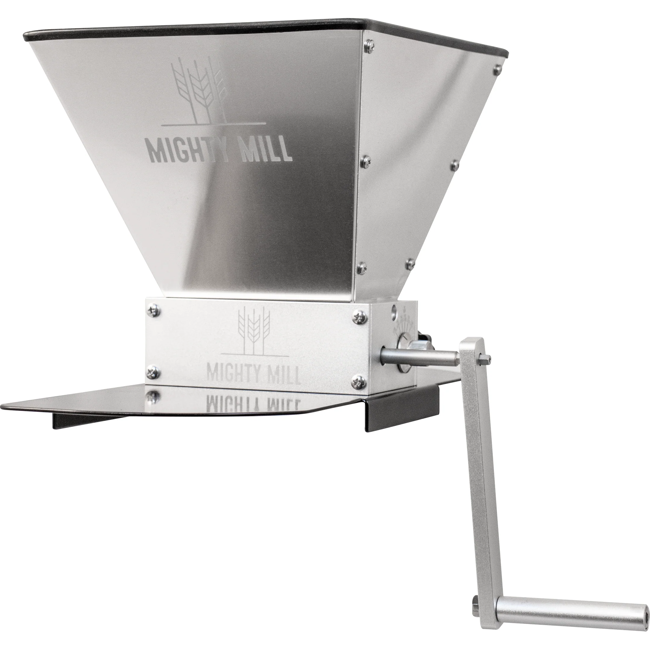 Mighty Mill 2 Roller Grain Mill | Stainless Steel Knurled Rollers | Adjustable Gap Setting | 7 lb Hopper Capacity | Metal Base Included