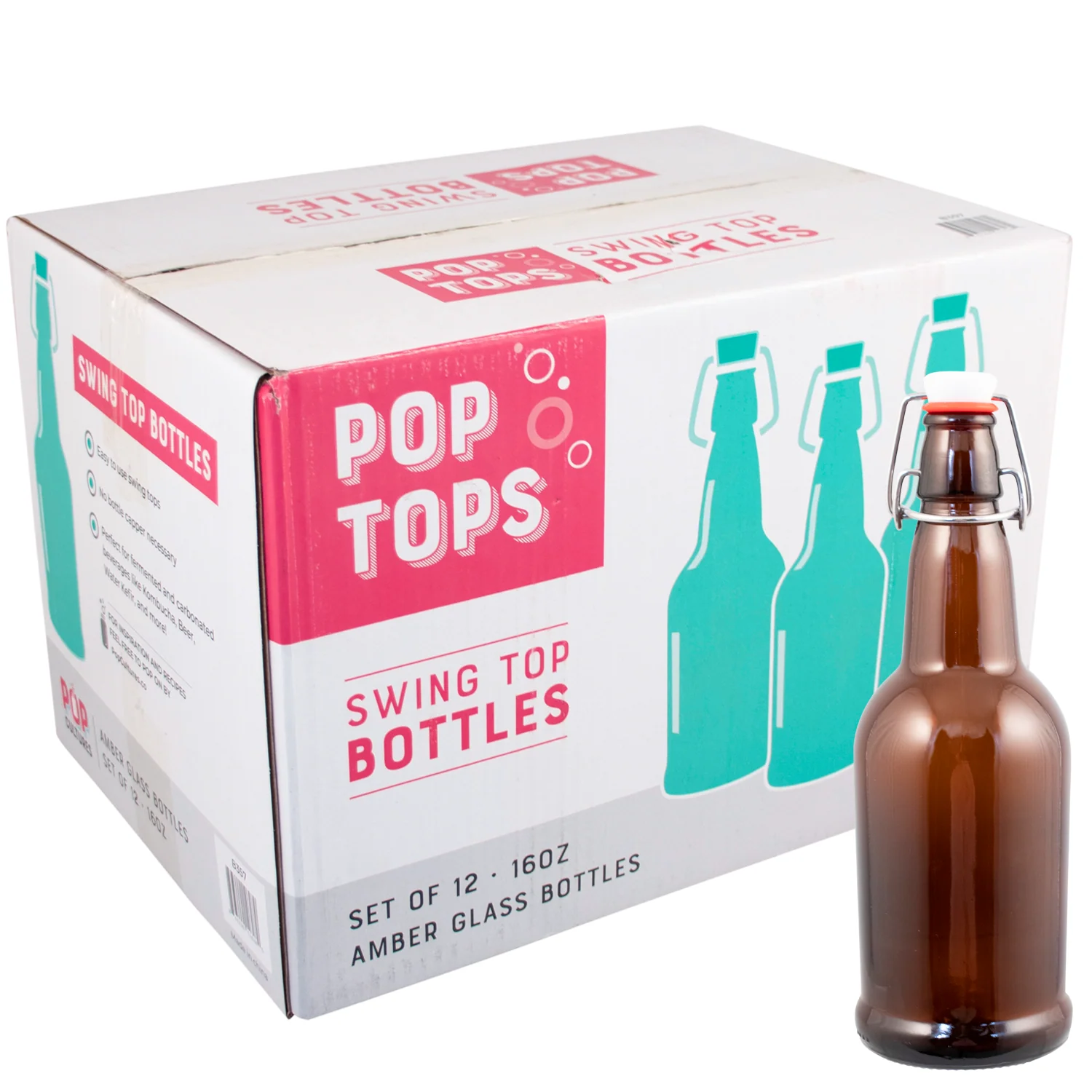 PopTops™ Swing Top Bottles - 16 oz Amber - 2 Cases of 12 (Qty 24) - FREE SHIPPING!!!