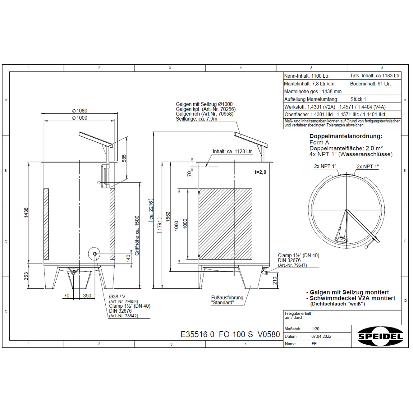 Speidel 1100, 1000mm Diameter FO Dish Bottom Variable Volume Tank w/ Lid | V0580 - Image 2